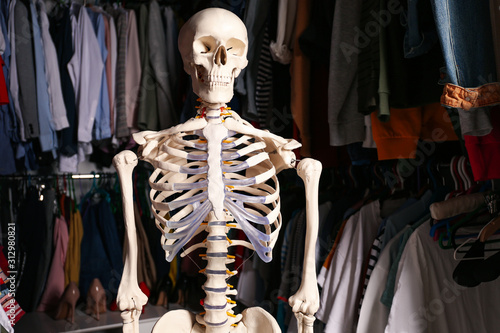 Cuadros en Lienzo Artificial human skeleton model among clothes in wardrobe