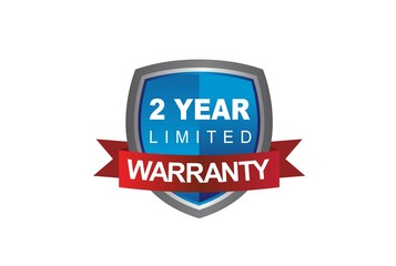 Blue metallic 2 year warranty shield with red ribbon