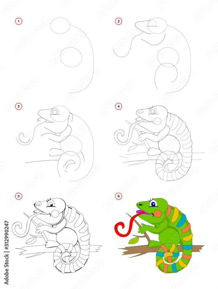 How to draw step by step a cute toy chameleon. Educational page for kids. Back to school. Developing children skills for drawing and coloring. Printable worksheet for baby book. Vector cartoon image.