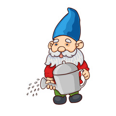 Vector colorful illustration of garden gnome with a watering can. Cute fairytale character