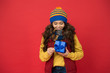© be free - Shopping time. nice purchase. girl with new year present box. happy winter holidays. little girl knitted hat and scarf. merry christmas. xmas party mood. winter shopping sales. childhood happiness