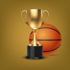 Realistic Vector 3d Blank Golden Champion Cup Icon wirh Basketball Set on Orange Background. Design Template of Championship Trophy. Sport Tournament Award, Gold Winner Cup and Victory Concept