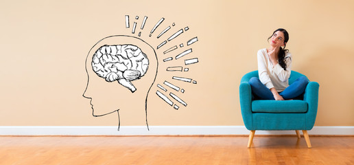 Sticker - Brain illustration with woman in a thoughtful pose in a chair