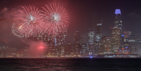 Wall Mural - San Francisco waterfront with New Year's Eve 2020 Fireworks. Fireworks display launched from Pier 14 near The Embarcadero in San Francisco, California, USA.