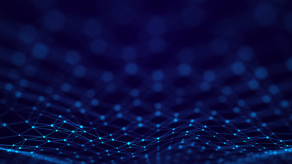 Fototapete - Futuristic abstract mesh. Wave with the connection of dots and lines. 3D rendering.