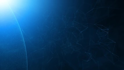 Wall Mural - blue shiny sphere with abstract digital lines copy space background.