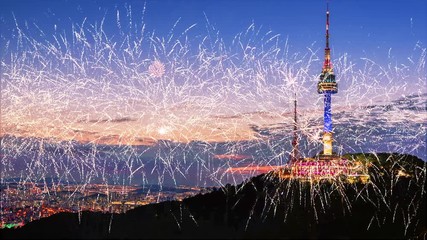 Wall Mural - Seoul City Skyline with Fireworks,South Korea