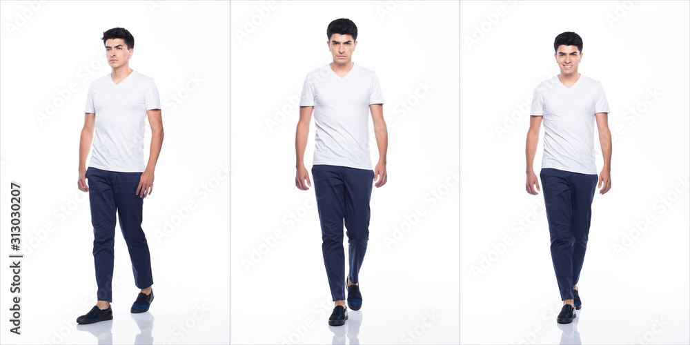Young Caucasian Man in Empty area blank white T-Shirt Jeans stand and walk in turning head look with feeling happy smile strong, white background isolated, full length collage group concept - obrazy, fototapety, plakaty 