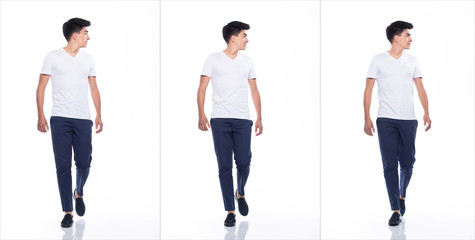 Young Caucasian Man in Empty area blank white T-Shirt Jeans stand and walk in turning head look with feeling happy smile strong, white background isolated, full length collage group concept