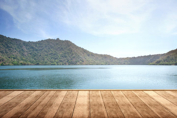 Wooden terrace with lake and mountain view