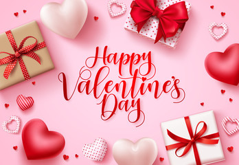 Wall Mural - Happy valentines day vector background. Happy valentines day greeting text with hearts and gifts elements in pink space background template. Vector illustration
