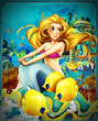 © honeyflavour - cartoon scene with mermaid princess sitting on big shell in underwater kingdom with fishes - illustration for children