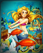 © honeyflavour - cartoon scene with mermaid princess sitting on big shell in underwater kingdom with fishes - illustration for children
