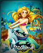 © honeyflavour - cartoon scene with mermaid princess sitting on big shell in underwater kingdom with fishes - illustration for children