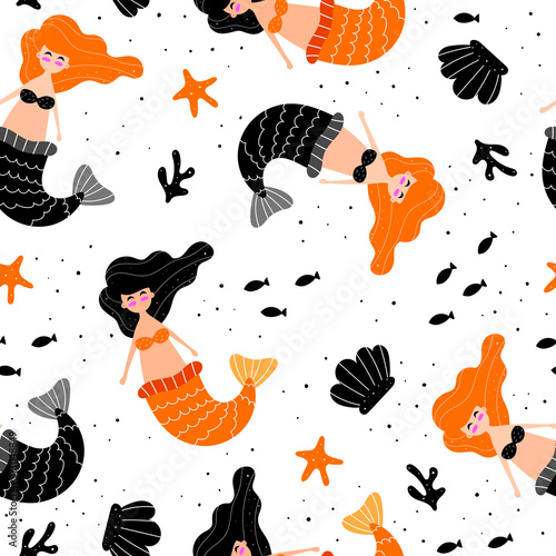 Seamless Pattern With Cartoon Mermaids Shells Fish Starfish Decor Elements Flat Style Vector Hand Drawing For Kids Sea World Baby Design For Fabric Textile Print Wrapper Buy This Stock Vector And