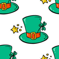 Seamless pattern with clover leaves and bowler hat. Simple vector illustration. Cartoon style.