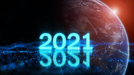 Wall Mural - 2021 vision technology. global network for the exchange of data on the planet earth. blue black grou
