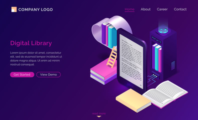 Wall Mural - online digital library isometric concept vector illustration. virtual cloud shelf with books, server