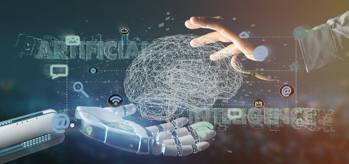 Wall Mural - cyborg hand holding a artificial intelligence concpt with a brain and app 3d rendering