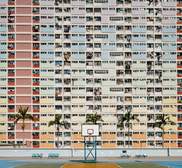 Poster - basketball court and rainbow colored building facade in HongKong -