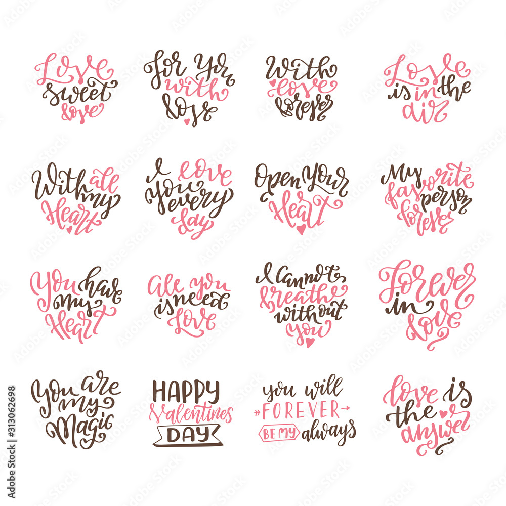 Set of hand drawn love quotes. Lettering about amour for poster, greeting  card, banner. Calligraphy vector illustration Stock Vector | Adobe Stock, image size:1000x1000