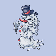 Wall Mural - Angry snowman in a black hat. Creative Vector Illustration. Cartoon art for web and print.