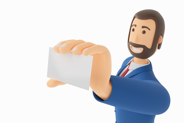 A drawn cartoon businessman is holding a business card, blank form or credit card. Businessman in a suit with an unusual look. 3D rendering