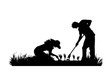 © majivecka - Vector silhouette of gardeners works on garden. Symbol of girl, boy, couple, team, tool, work, people, field, farm, care.