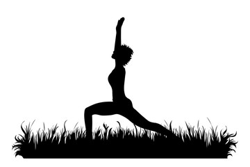 Wall Mural - Vector silhouette of woman who sports in the grass on white background. Symbol of girl, people, sport, training, yoga, nature, park, garden.