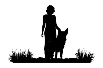 Poster - Vector silhouette of woman who standing with her dog on the path on white background. Symbol of girl, people, sport, hike, path, pet, park.