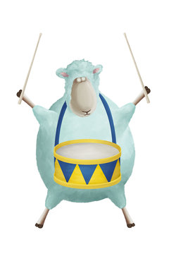 We will rock you. Funny cartoon sheep plays a drum. Bright musical clip art on white background