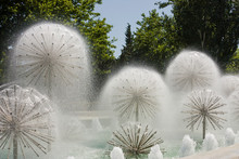 Beautiful Fountain On A Clear Sunny Day In The Seaside Boulevard Of Baku, Republic Of Azerbaijan.