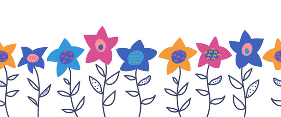 Wall Mural - Doodle flowers seamless vector border. Cute florals and leaves pattern blue pink yellow orange. Hand drawn repeating flower meadow design for greeting cards, surface decoration, ribbons, fabric trim