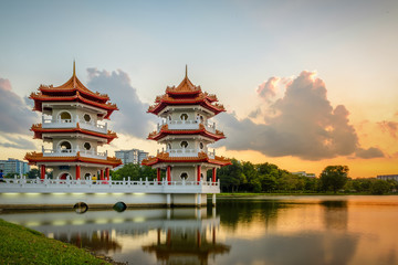 Beautiful dusk hour at Singapore Chinese Garden, a public park in Jurong East, Singapore. Designed by an architect from Taiwan, with concept based on Chinese gardening art