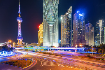 Wall Mural - under the pedestrian bridge of shanghai cityscape at night, China