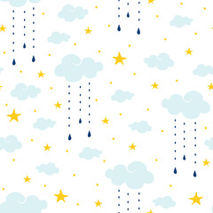 seamless vector pattern with clouds, rain and stars on white background. gentle night sky children w