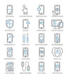 Mobile repair service line style icons set. Phone fix pattern. Smartphone common issues, repair and accessories logos. Mobile service thin line logotype and symbols. Electronic equipment, technology.