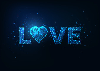 Wall Mural - Valentine day banner glowing low polygonal word love with heart symbol