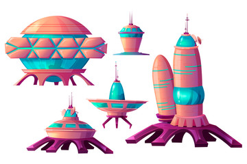 Space colonization cartoon vector set illustrations. Spaceships and rocket or shuttle for universe exploration, cosmic base and elements of alien settlement isolated on white background