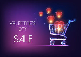 Wall Mural - Valentines Day sale banner with glowing low polygonal shopping cart and red flying hearts