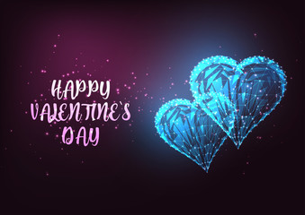 Wall Mural - Happy Valentines Day greeting card with glowing low polygonal hearts.