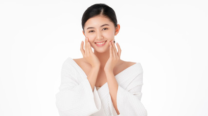 Wall Mural - Portrait of young beautiful asian woman with Clean Fresh and without makeup skin. Healthy skin Girl beauty white skin makeup beauty female wellness and cosmetic ideas concept.Facial treatment and spa.