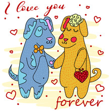 Seamless Vector Print. Cute Bright Dogs In Life Situations. Ideal For Paper, Souvenir And Textile Industries.