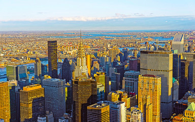 Wall Mural - Panoramic view on Midtown district of Manhattan in New York, NYC. East river and Queensboro Bridge in Long Island City. Skyline, USA. American architecture building. Aerial Panorama of Metropolis.