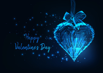 Wall Mural - Happy Valentines Day greeting card with glowing low polygonal heart hanging on a gift ribbon
