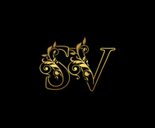 Golden S, V And SV Letter Classy Floral Logo Icon,  Elegant Design.