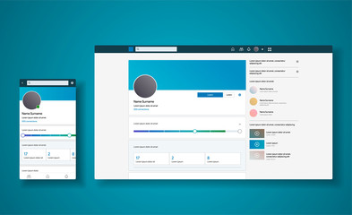 cv profile inspired by linkedin style app. responsive interface design for smartphone and web. socia