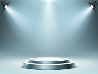 Wall Mural - Round podium or stage in rays of spotlights, realistic vector illustration. Pedestal for winner or award ceremony, empty platform for presentation, performance or show at night club, soon coming