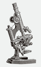 Large Inclinable Optical Microscope With Hinged Joint And Clamping Lever. Illustration After Antique Engraving From 19th Century