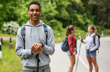 Wall Mural - portrait of young black man hiker.